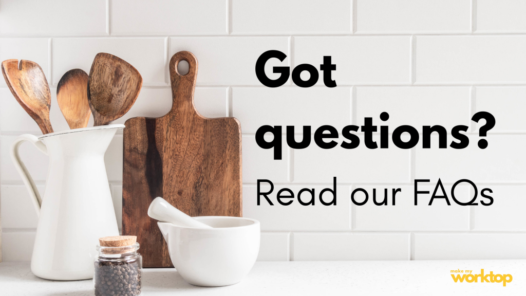 A simple white kitchen worktop with a white tile wall, kitchen utensils and a chopping board sit to one side. text with the words Got Questions? Read our FAQs and the Make my worktop logo sit to the side