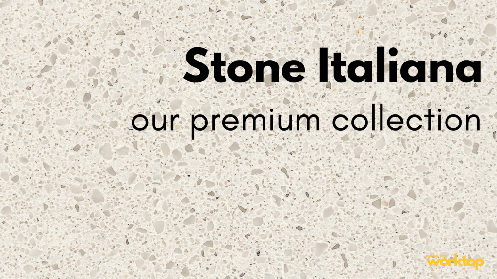 A kitchen worktop material by Stone Italiana. The words Stone Italianaand the make my worktops logo are on the right hand side