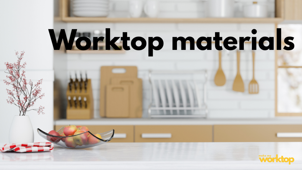 A kitchen setting with a white kitchen worktop. The words worktop materials and the make my worktops logo are on the right hand side